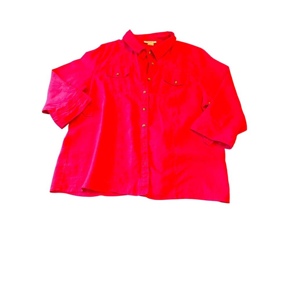 David N Woman Shirt Hot Pink 100% Hanky Linen 3/4 Roll Tab Sleeve 2X